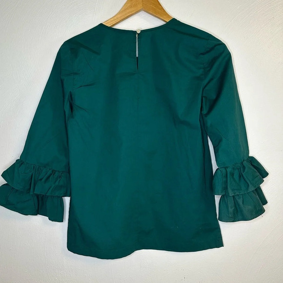 J Crew Blouse Womens 6 3/4 Bell Sleeve Crew Neck Casual Green Stretch Cotton - Picture 2 of 13